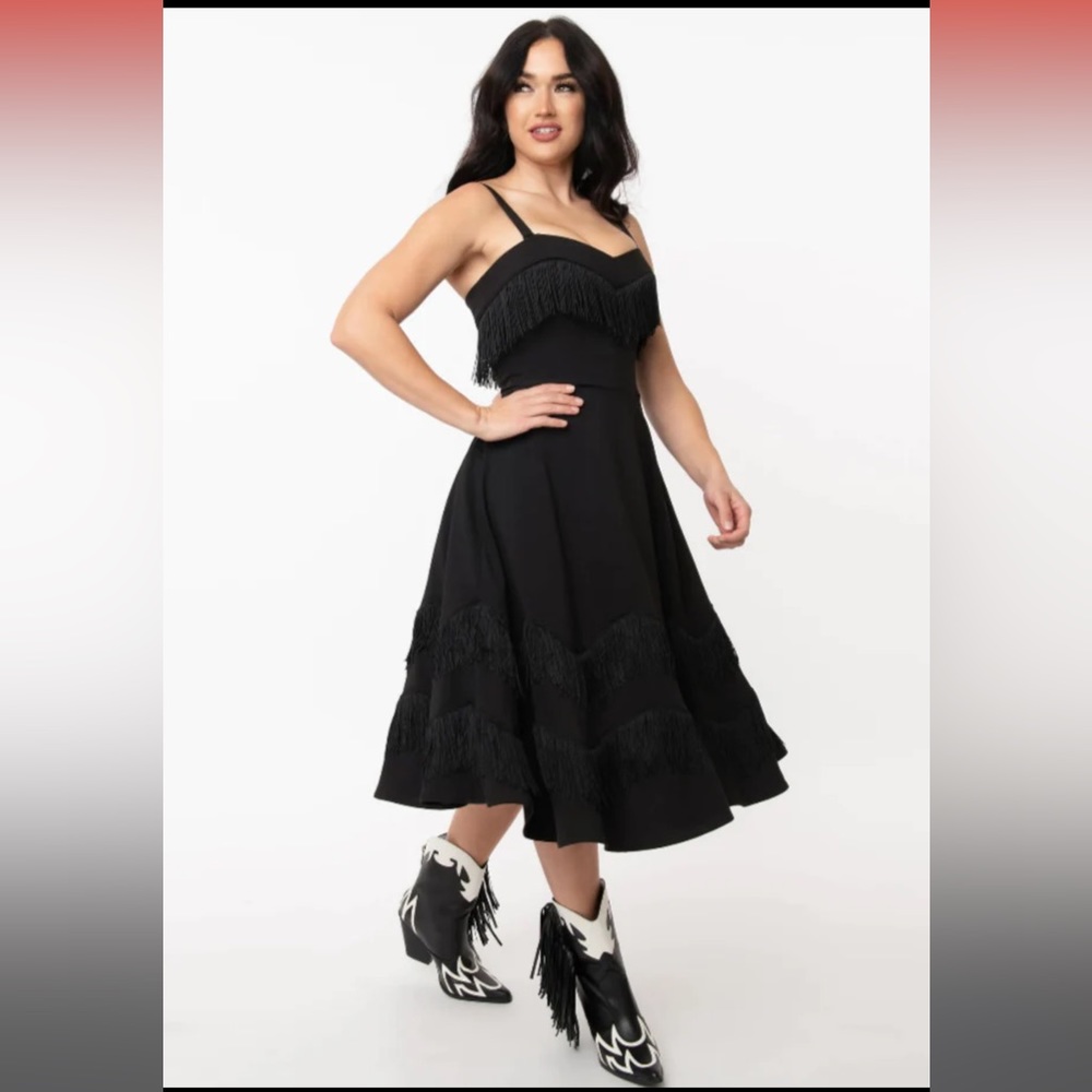 Black Fringe Girlie Dress by Unique Vintage cowgirl western a line dress